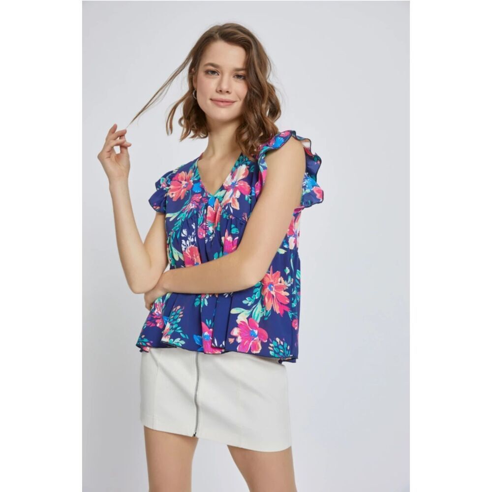M&M Flutter Sleeve Babydoll Short Sleeve Top in Blue Size Large